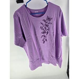 Blair Womens 2XL Purple Embroidered Butterfly Floral Short Sleeve T-Shirt Tee